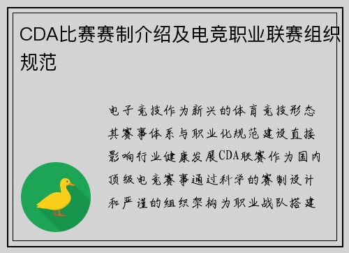 CDA比赛赛制介绍及电竞职业联赛组织规范