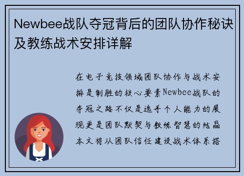 Newbee战队夺冠背后的团队协作秘诀及教练战术安排详解